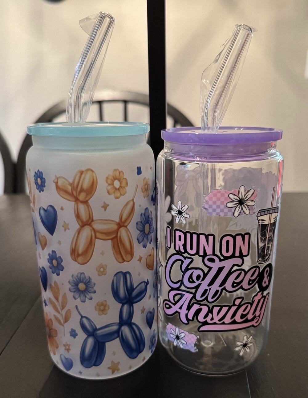 Set Of 2 16 Oz Glass Tumblers With Lid And Glass Straws